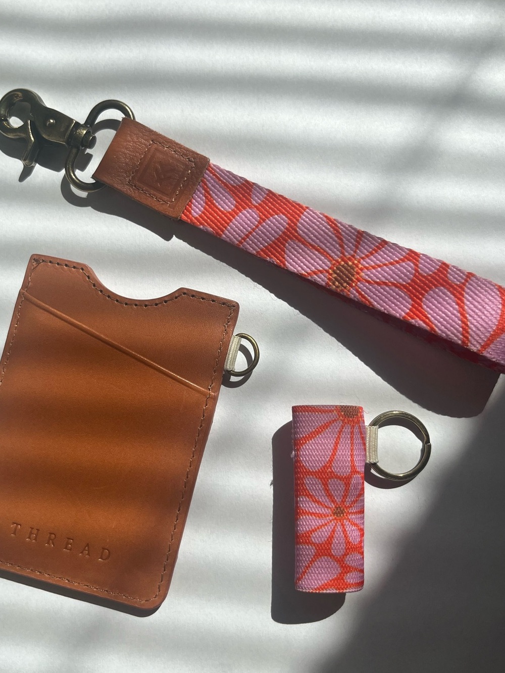 Tan Leather Card Holder with Pink & Orange Floral Wrist Strap